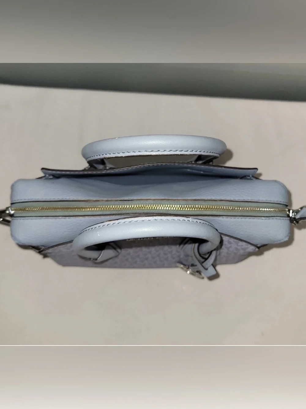Michael Kors Mercer Satchel Crossbody Pale Blue Monogram Canvas Small